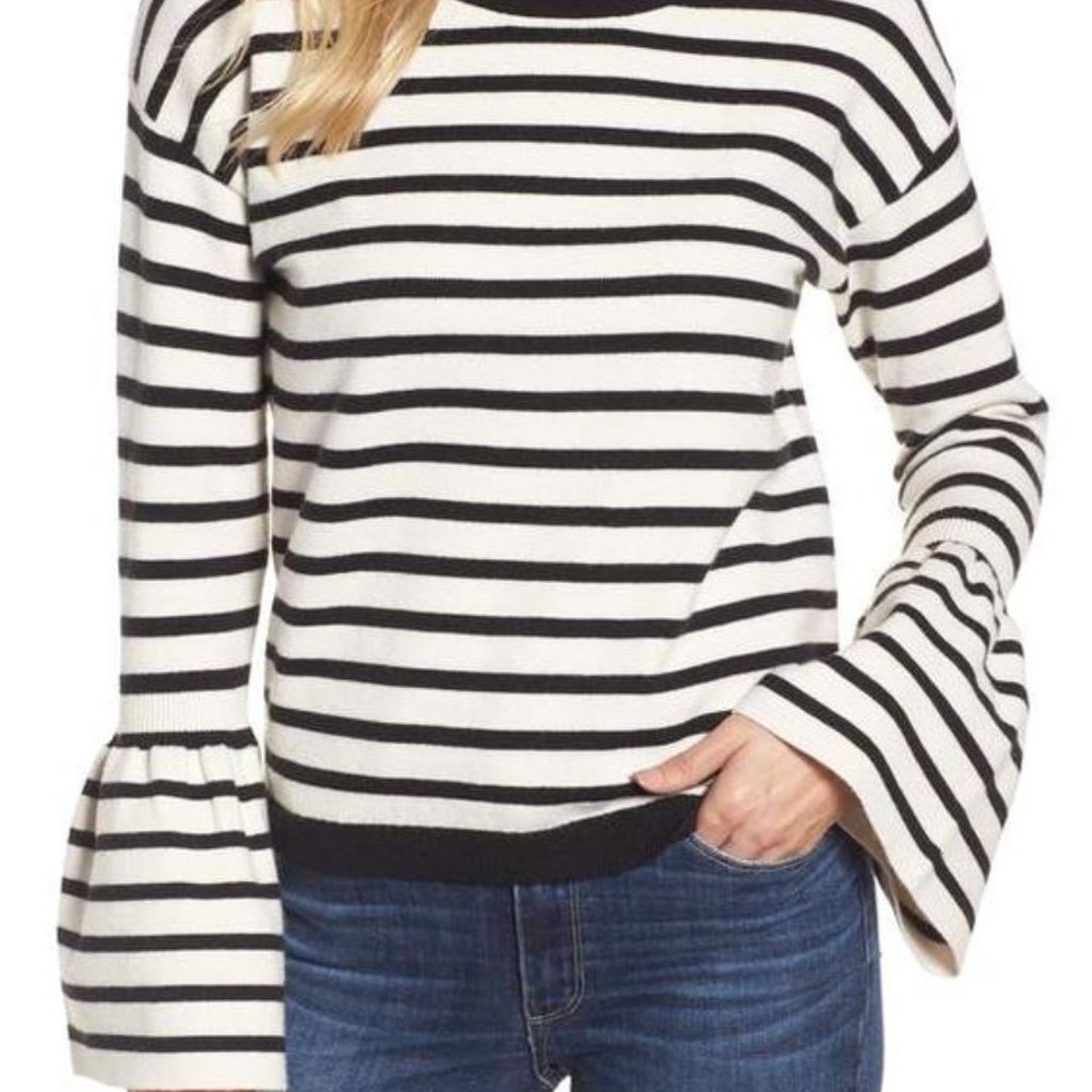 Halogen Striped Navy & Cream Sweater With Wide Bell Sleeves Size 1 -